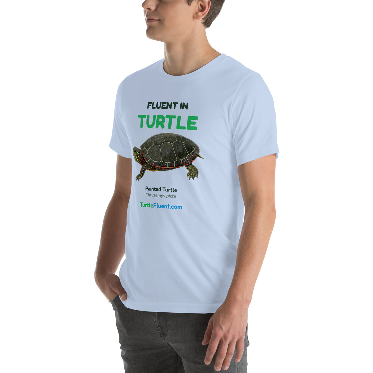 Fluent in Turtle Tee – Baby Blue – left front