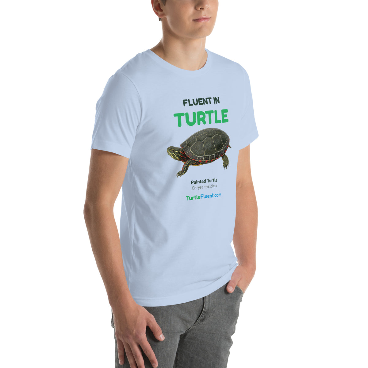 Fluent in Turtle Tee – Baby Blue – right front