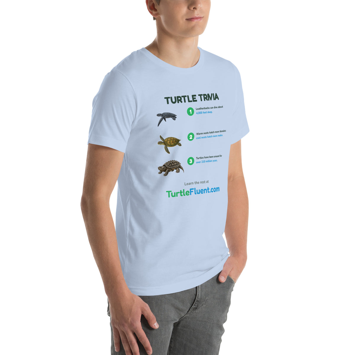 Turtle Trivia Tee – Baby Blue – right front