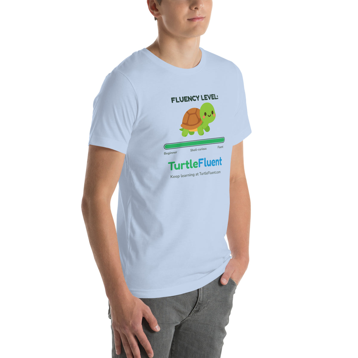 Fluency Level Tee – Baby Blue – right front