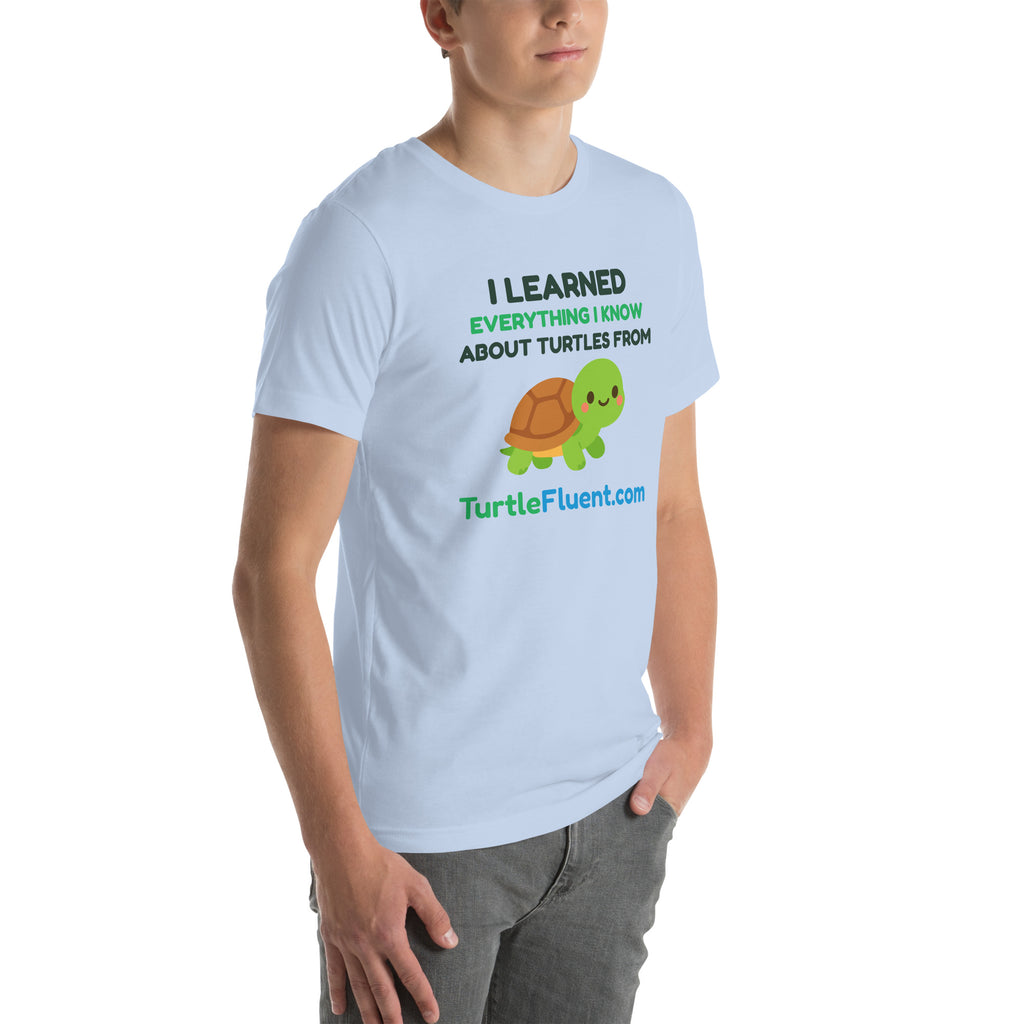 I Learned Everything I Know About Turtles from TurtleFluent Tee – Baby Blue – right front