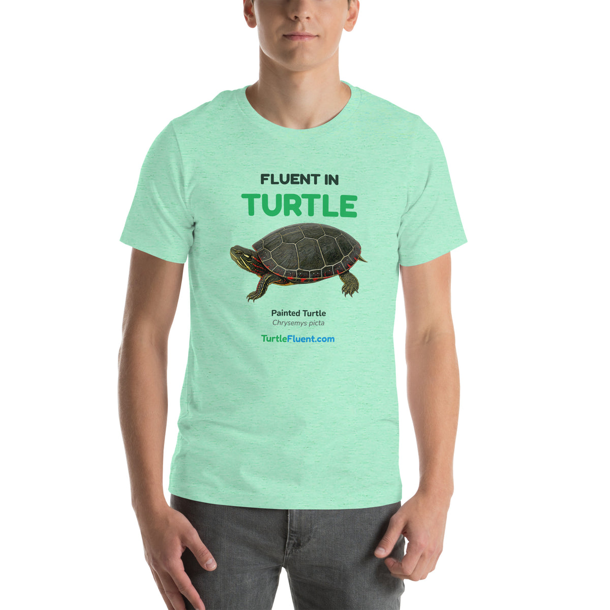 Fluent in Turtle Tee – Heather Mint – front