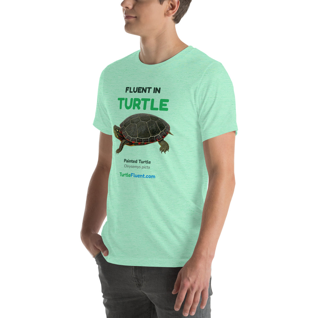 Fluent in Turtle Tee – Heather Mint – left front