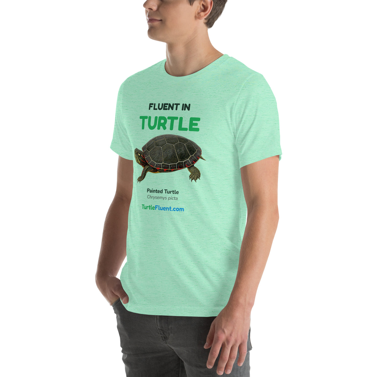 Fluent in Turtle Tee – Heather Mint – left front