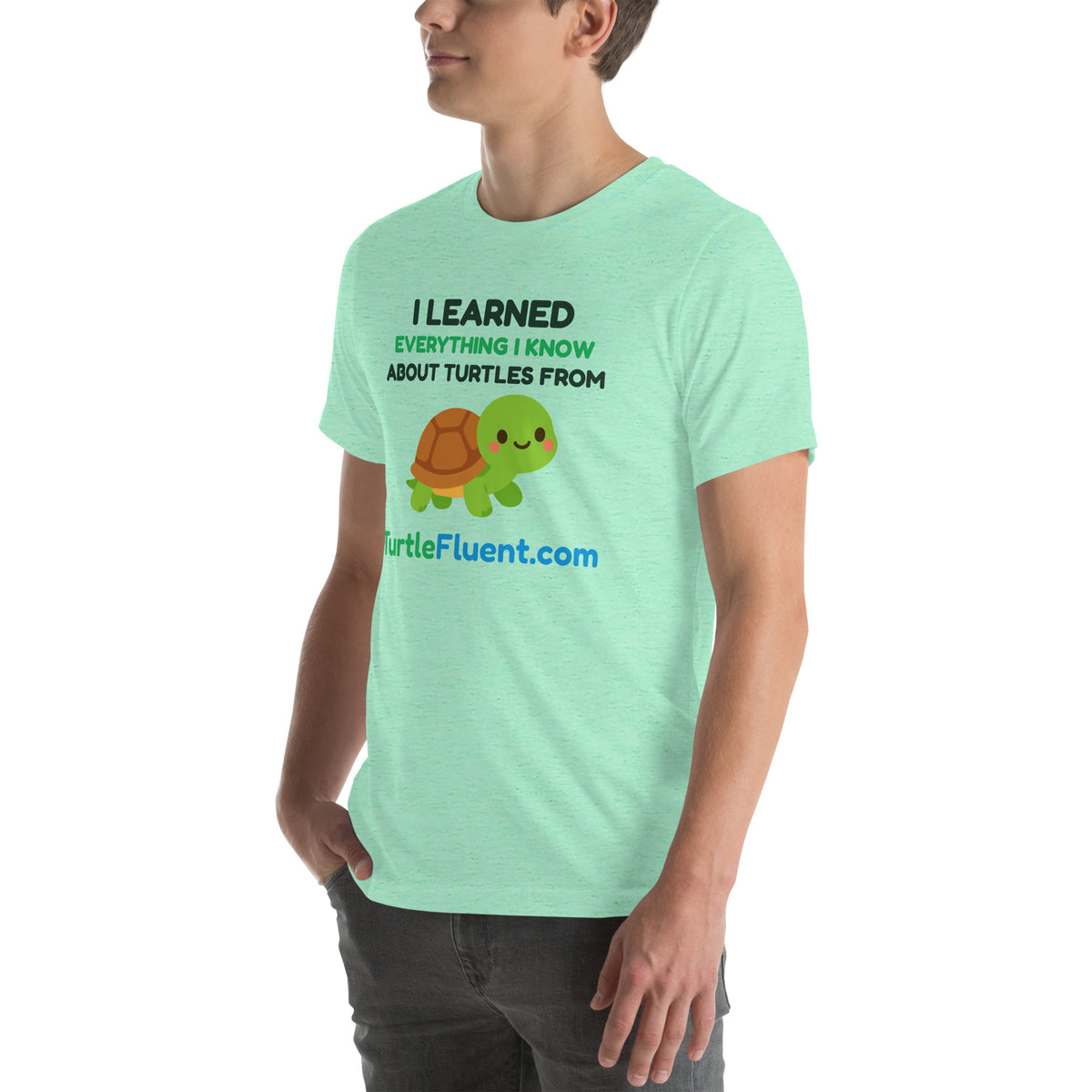 I Learned Everything I Know About Turtles from TurtleFluent Tee – Heather Mint – left front
