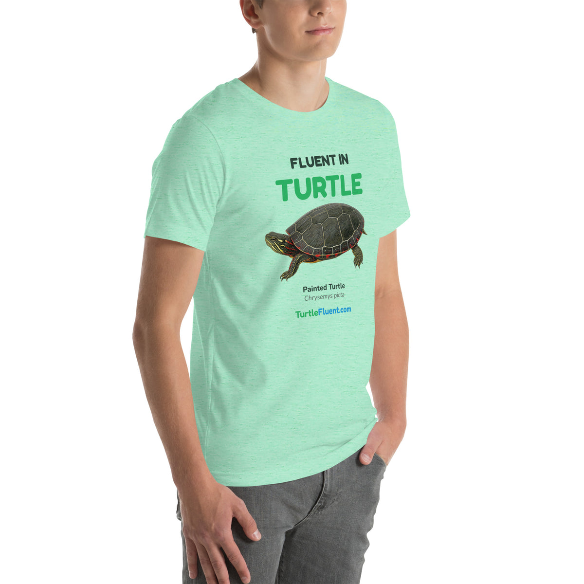 Fluent in Turtle Tee – Heather Mint – right front