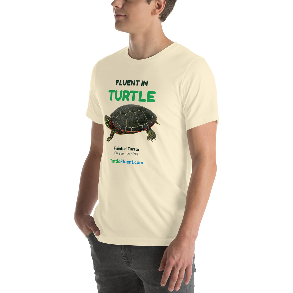 Fluent in Turtle Tee – Natural – left front