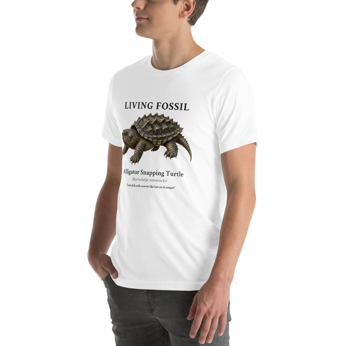 Alligator Snapping Turtle Living Fossil Tee – White – left front