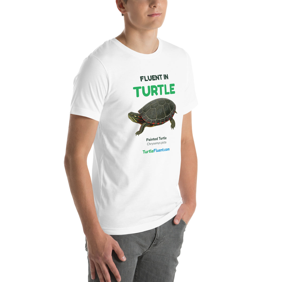 Fluent in Turtle Tee – White – right front