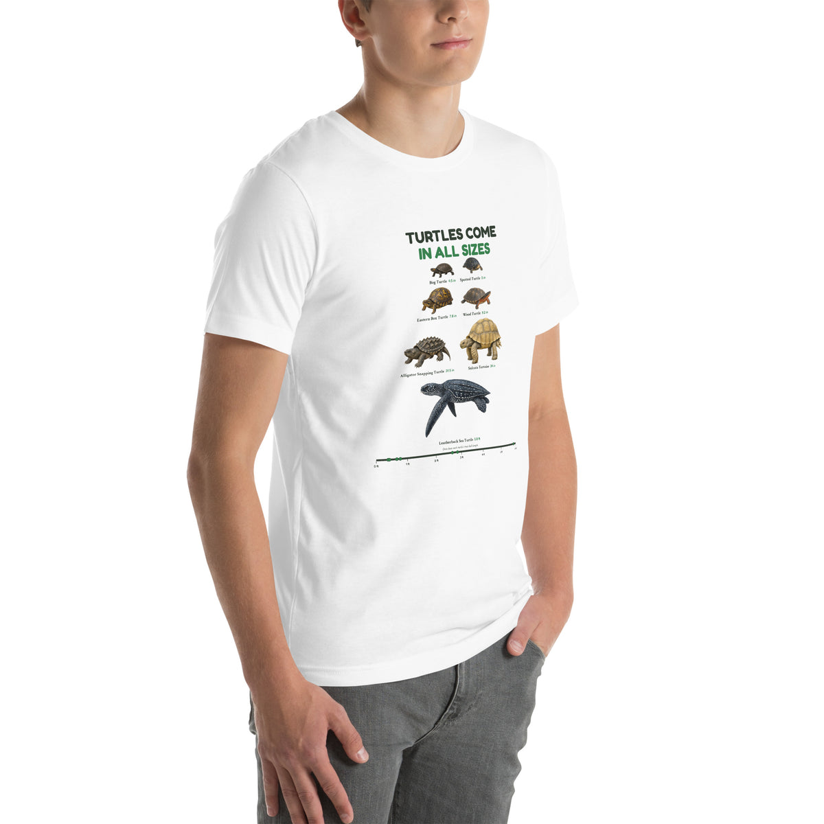 Turtles Come in All Sizes Tee – White – right front