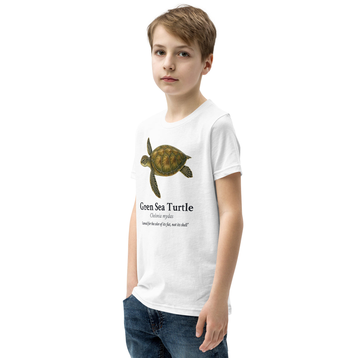 Green Sea Turtle Kids Tee – White – left front