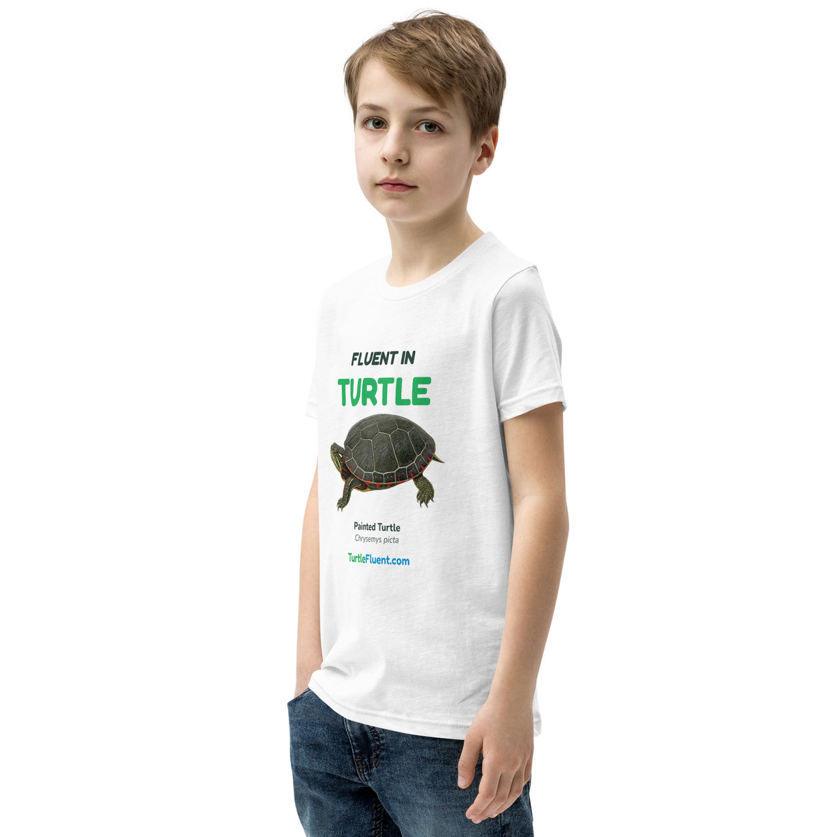 Fluent in Turtle Kids Tee – White – left front