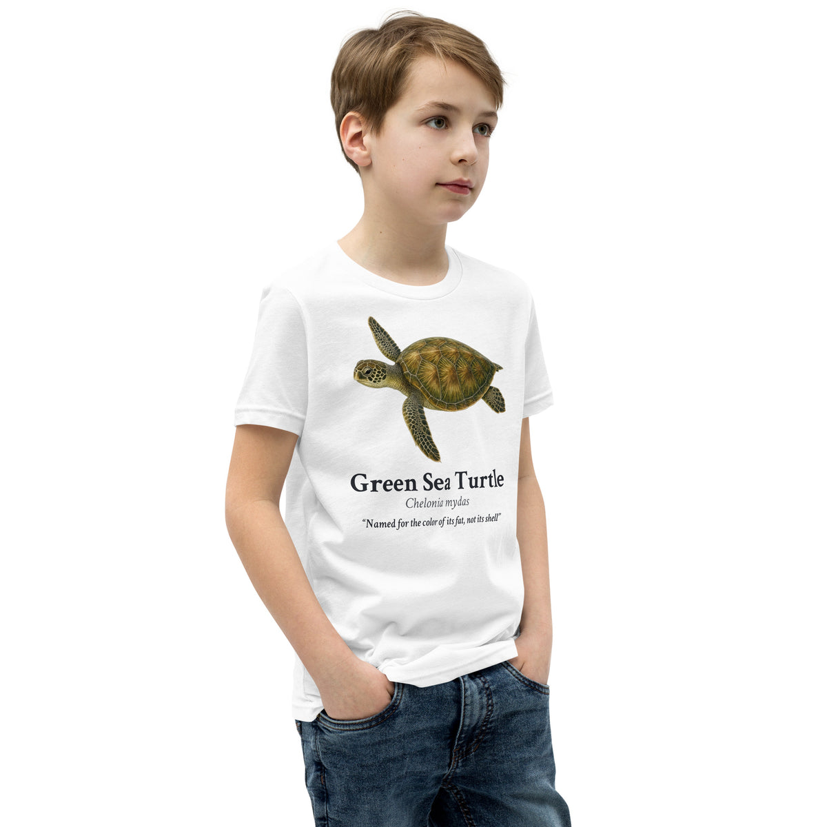 Green Sea Turtle Kids Tee – White – right front